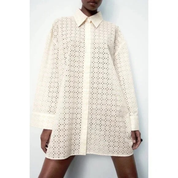 Zara Oversized Cotton Shirt with Openwork Eyelet Embroidery – Size L - Picture 4 of 14